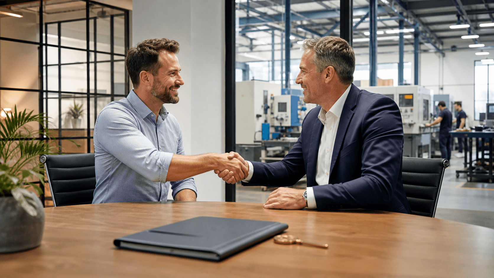 Two businessmen shake hands across a desk, with British pound symbols and a glowing city skyline behind them.